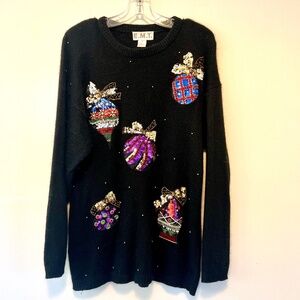 EMT 80's Vintage Black Silk Angora Sequins Ugly Christmas Holiday Sweater MED